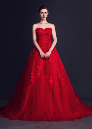 Red Lace Tulle Strapless Corset Back Long Wedding Dress